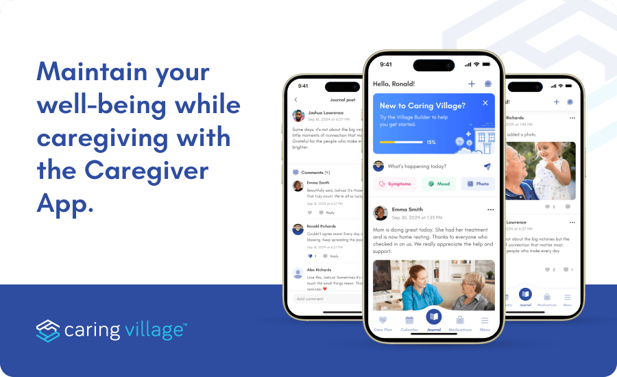 Image showing the different features of the Caregiver App by Caring Village