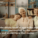 A senior woman with her daughter and daughter sitting together
