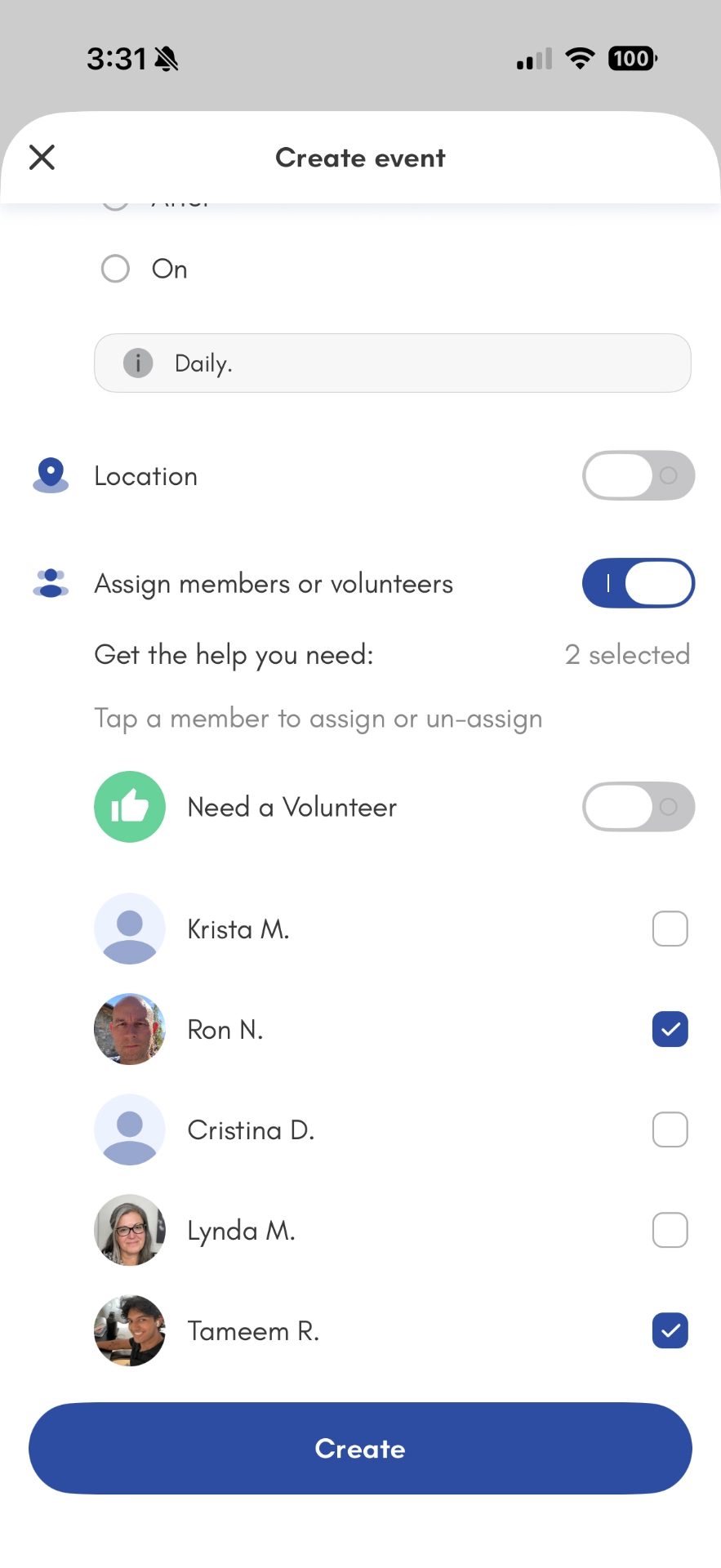 calendar create event assign members