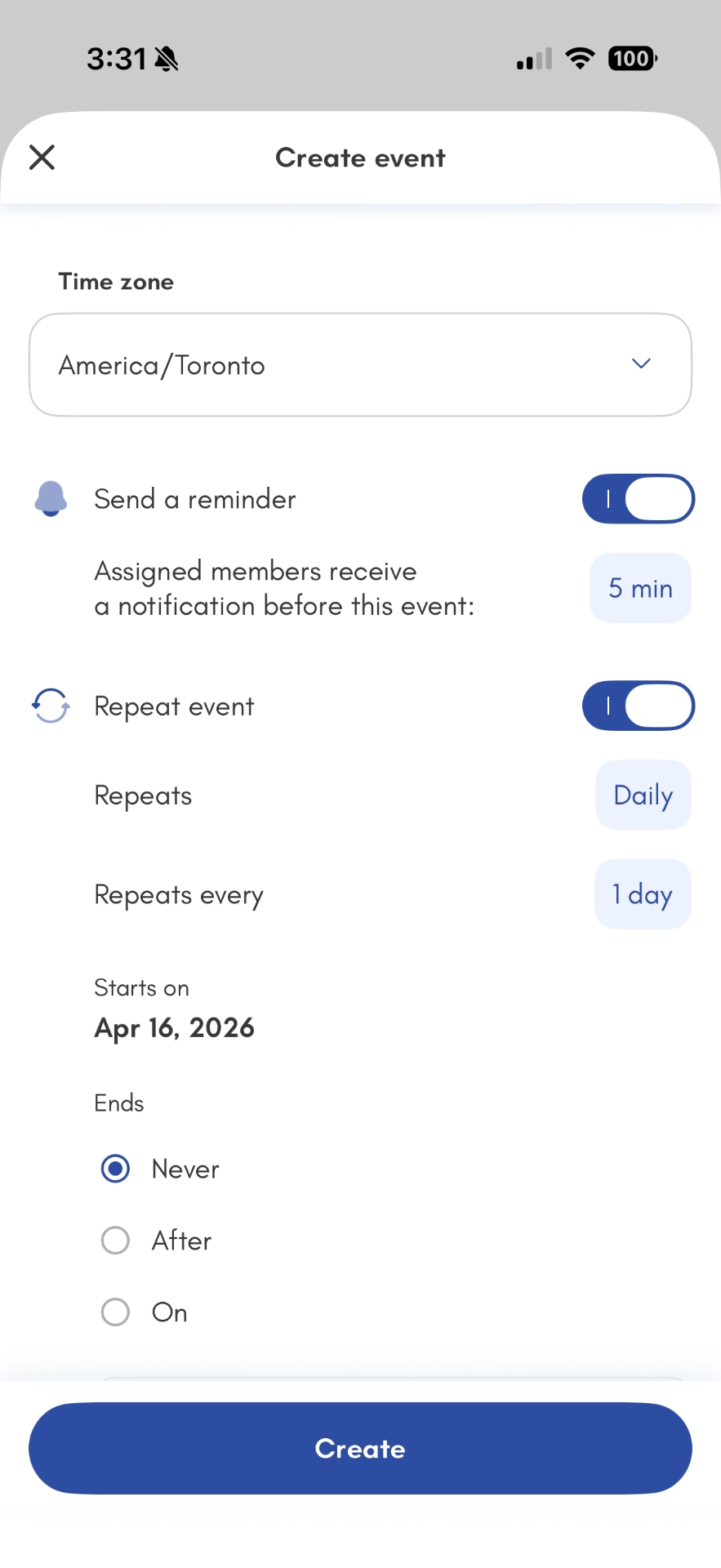 create event calendar bottom