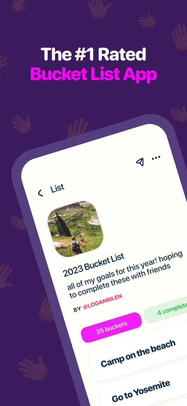 The Bucket List App on the App Store showing a completed-item storybook post with a photo