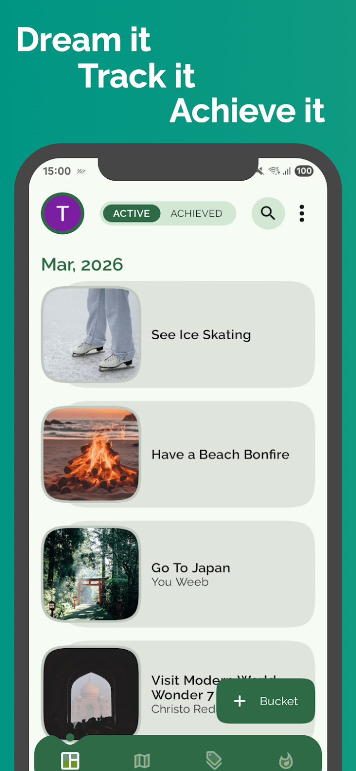 Buckist bucket list app on Google Play showing categories, reminders, and a checklist layout for Android