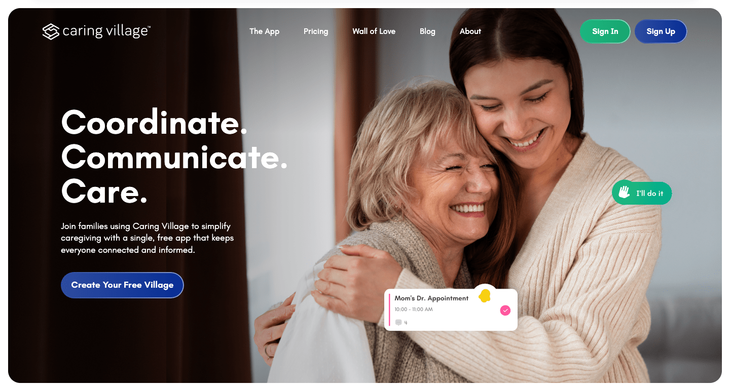 Caring Village homepage showing its family caregiving app and a shared appointment reminder