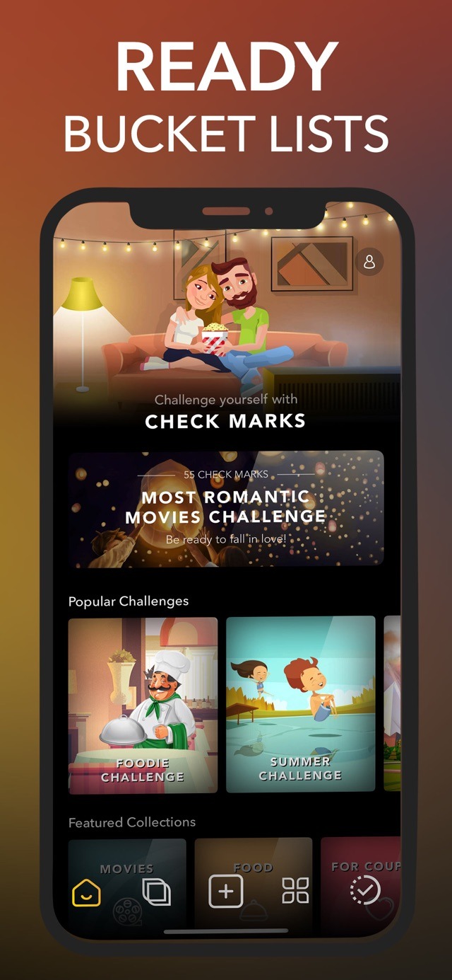 Bucket List Maker: Check Marks on the App Store showing ready-made idea categories like travel, food, and adventure