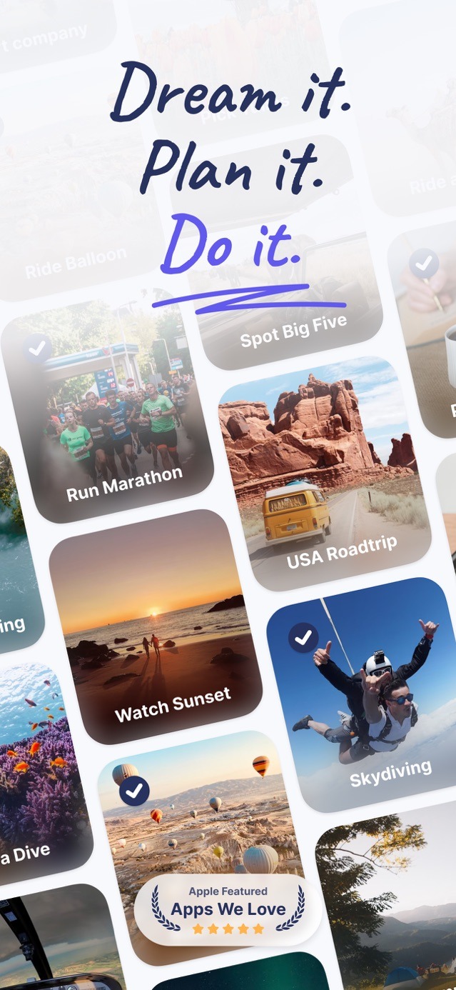 iBucket bucket list app on the App Store showing shared goals like Run Marathon, USA Roadtrip, and Skydiving with checkable cards