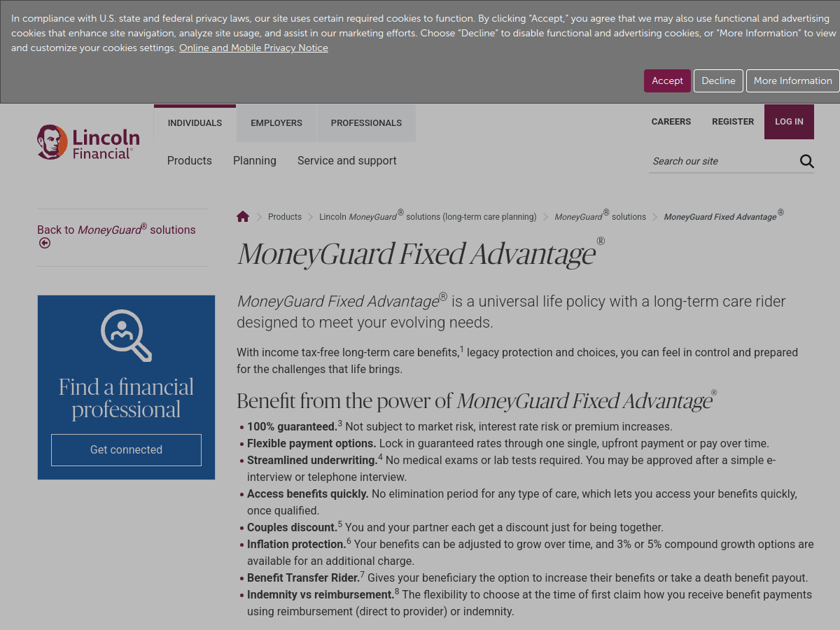 Lincoln Financial MoneyGuard Fixed Advantage universal life with long-term care rider product page