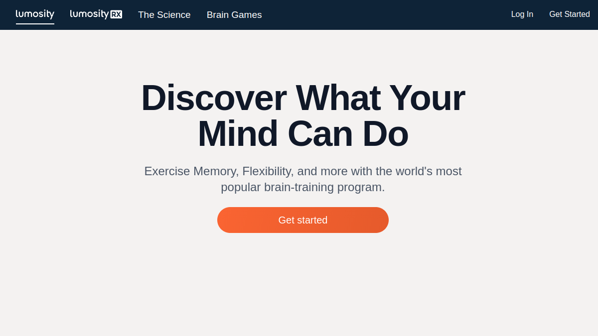 Lumosity homepage showing the Discover What Your Mind Can Do daily games start screen