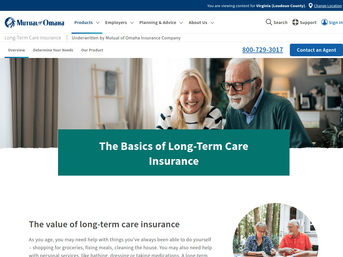 Mutual of Omaha long-term care insurance page with headline and Contact an Agent option
