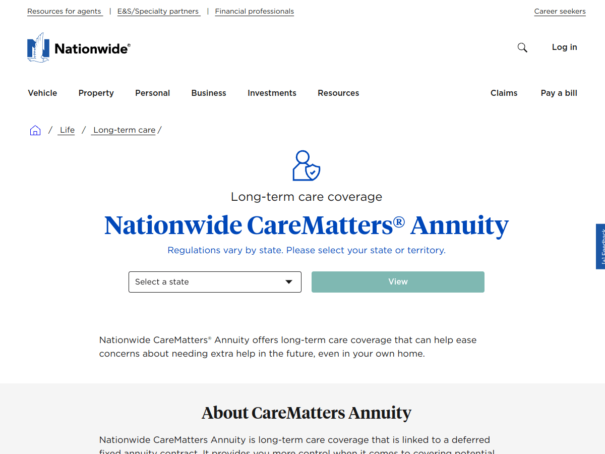 Nationwide CareMatters annuity long-term care coverage product page
