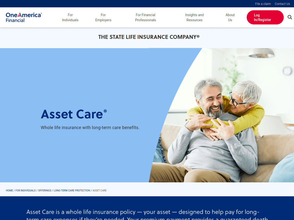 OneAmerica State Life Asset Care whole life insurance with long-term care benefits product page