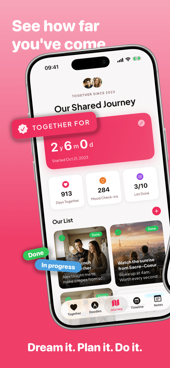 Together couples app showing the shared Our List bucket list with Done and In progress items, plus a countdown and check-ins