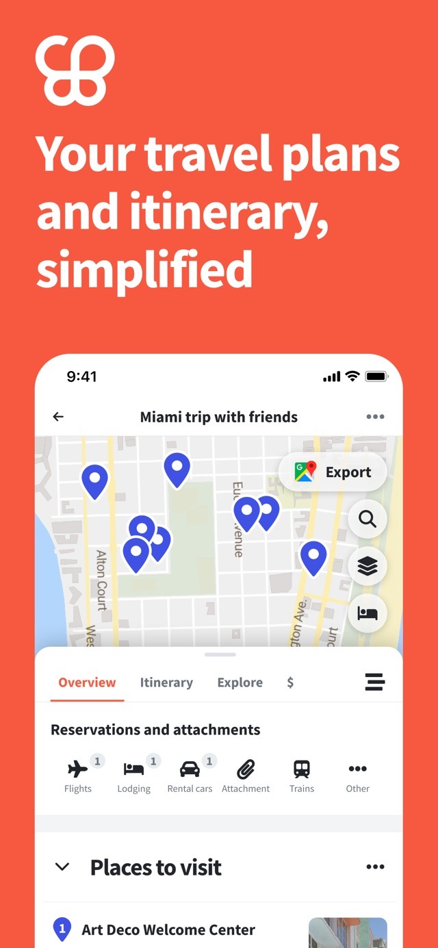 Wanderlog travel planner on the App Store showing a trip itinerary with a map and collaborators