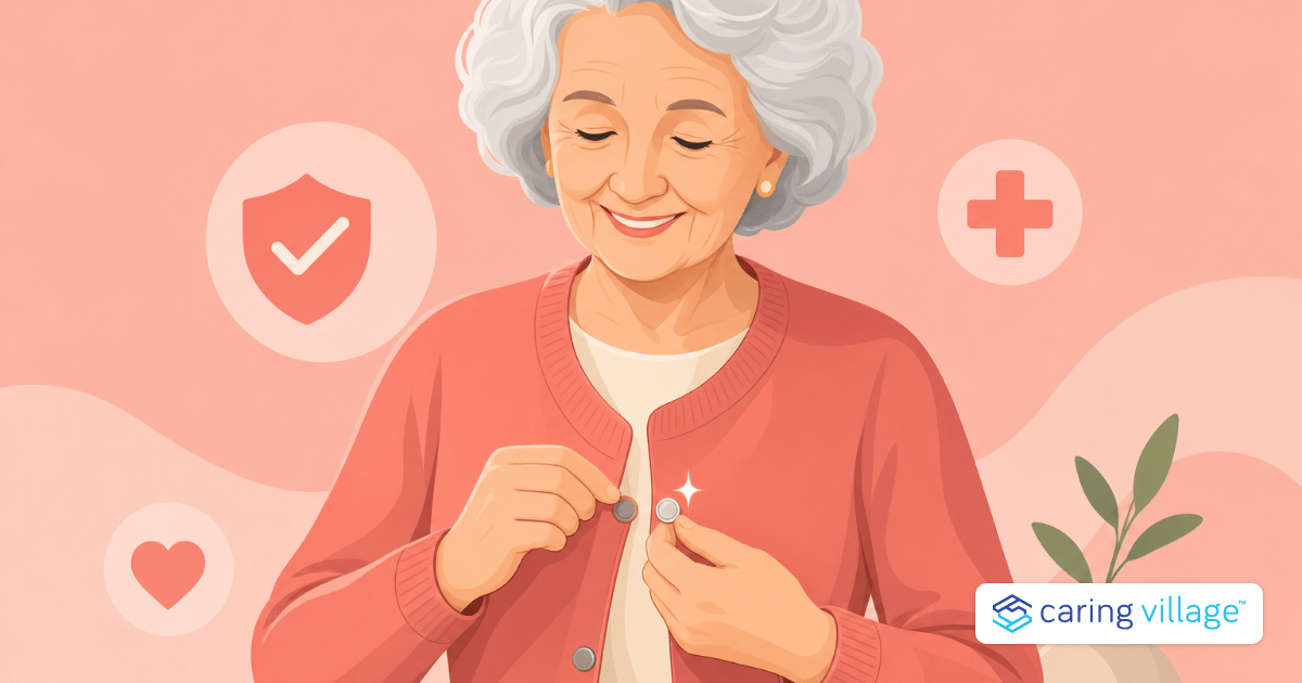 An older woman comfortably fastening an adaptive cardigan at home