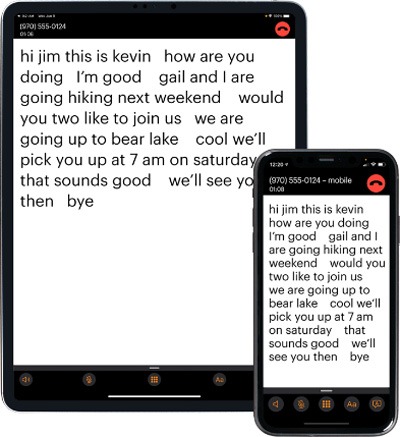 Hamilton Mobile CapTel app on a tablet and a phone showing live captions during a call