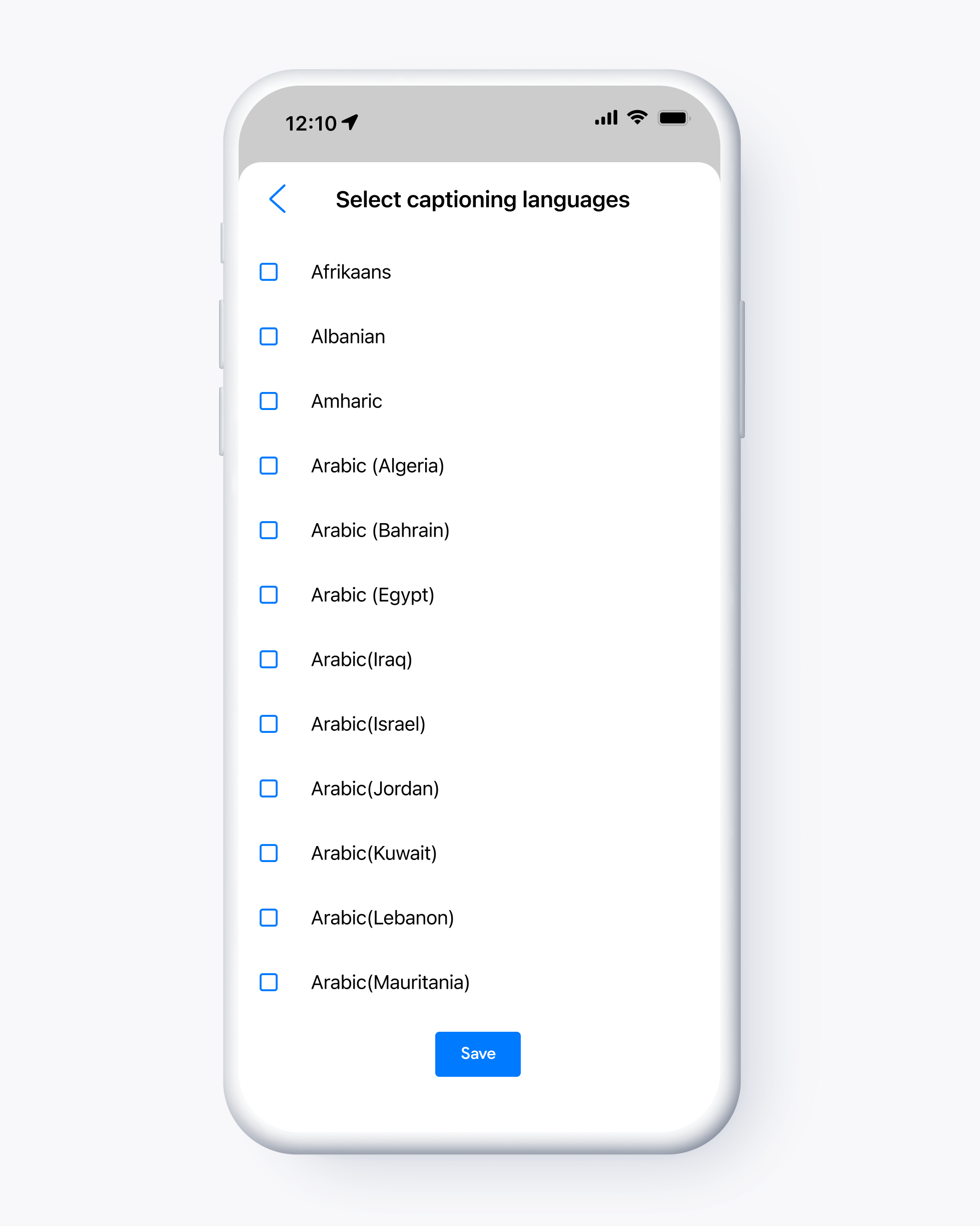 CaptionMate app Select captioning languages screen showing a scrollable checklist of supported languages