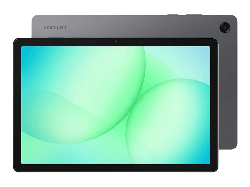 Samsung Galaxy Tab A11+ in gray, showing the front display and rear Samsung branding