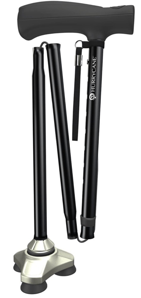 HurryCane Freedom Edition foldable walking cane with a grooved T-handle and SteadiGrip pivoting tripod base