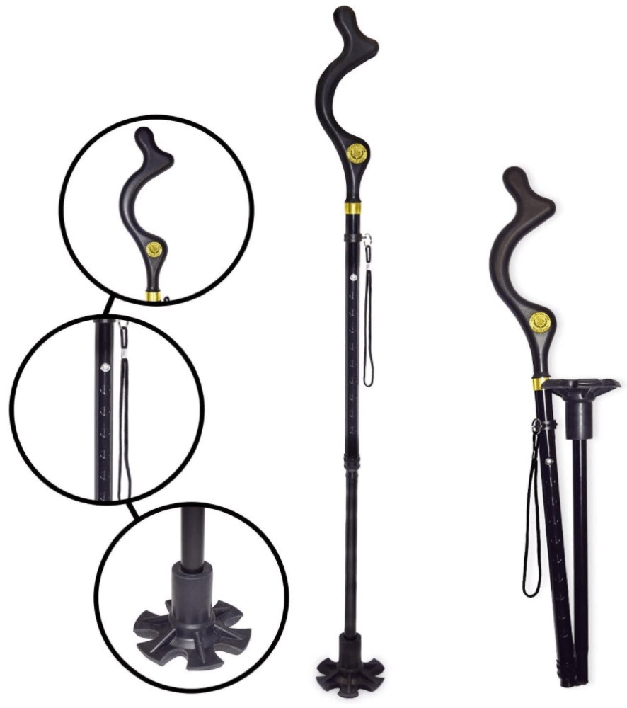 The Original Campbell Posture Cane, a foldable cane with an angled ergonomic handle, shown with packaging