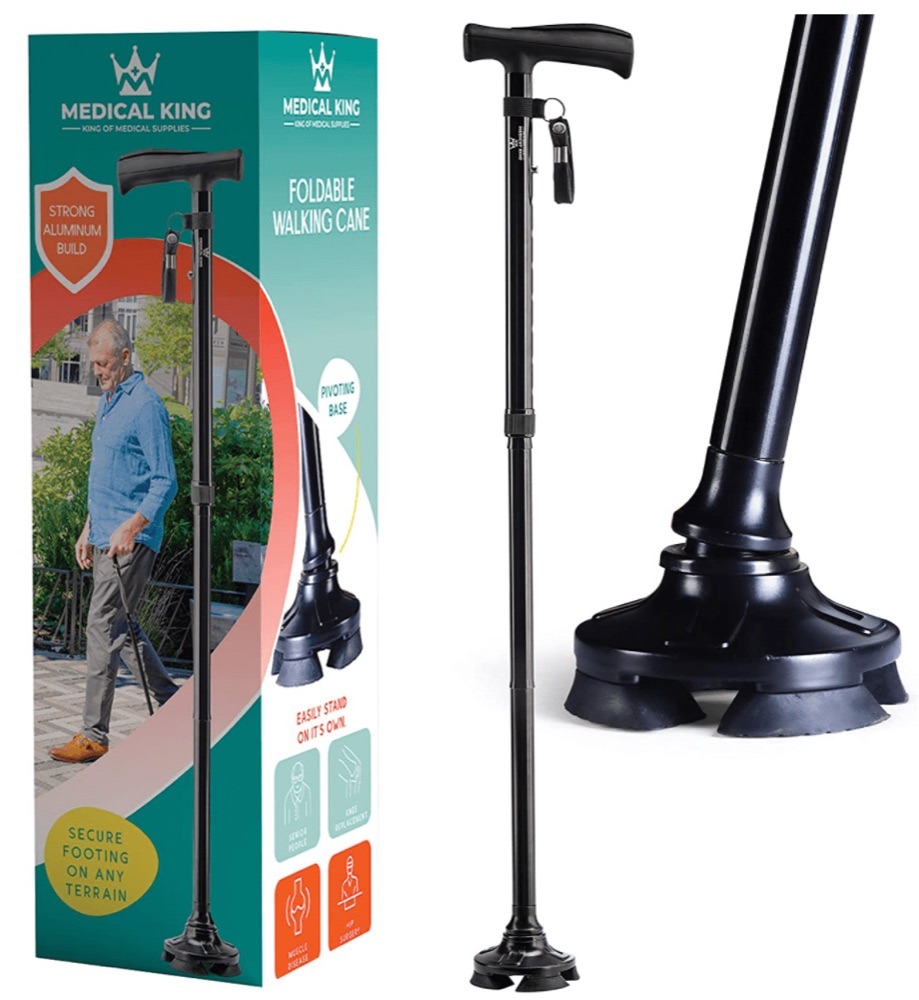 Medical King self-standing folding walking cane with packaging and a pivoting base