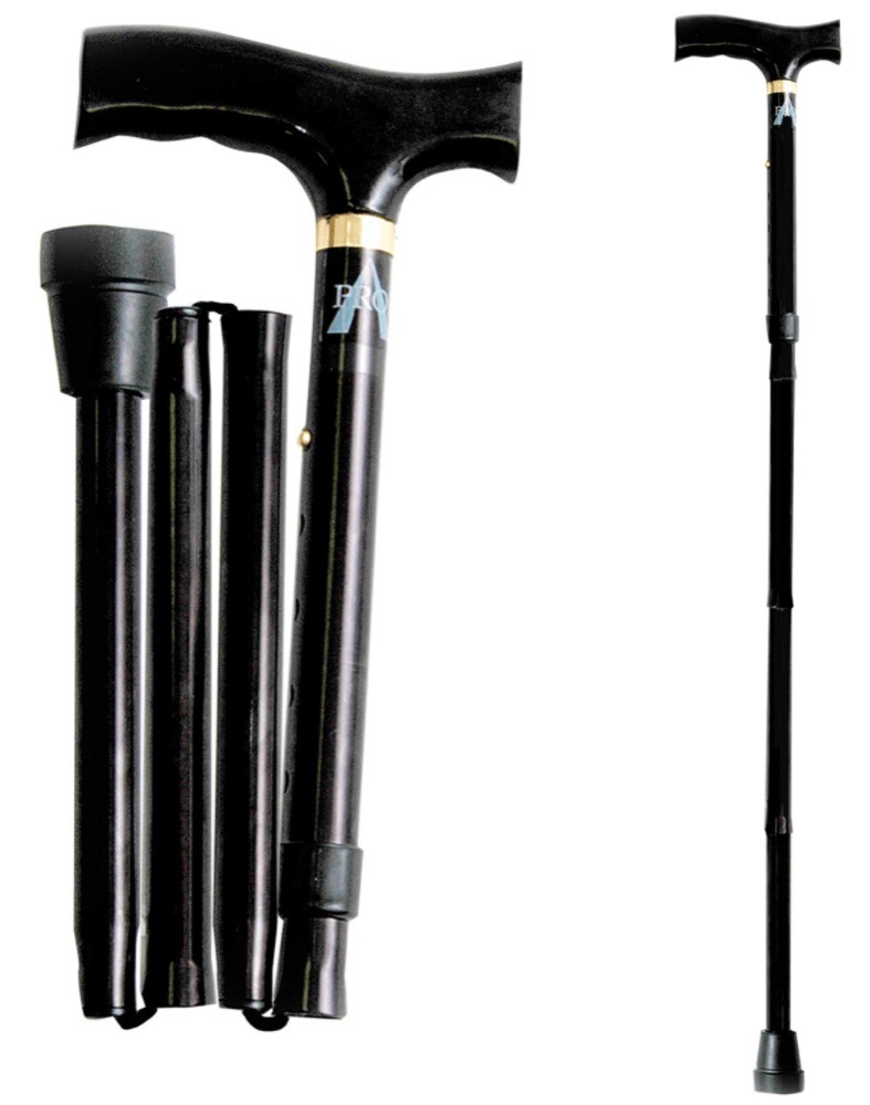 ProBasics four-piece folding cane shown folded into its pieces and assembled with a T-handle