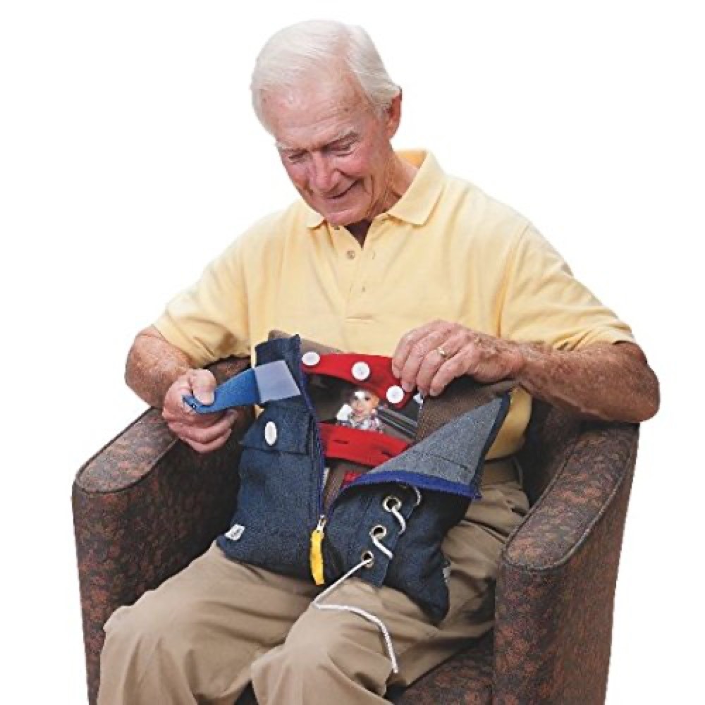 GeriGuard Memory Loss fidget and therapy pillow with lacing, buckles, and zippers