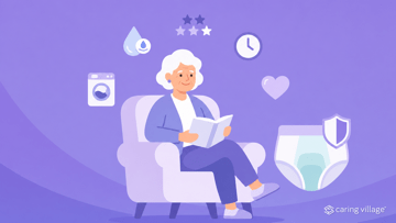 Caring Village washable incontinence underwear guide illustration: a reusable pull-up brief beside a washing machine and absorbency icons