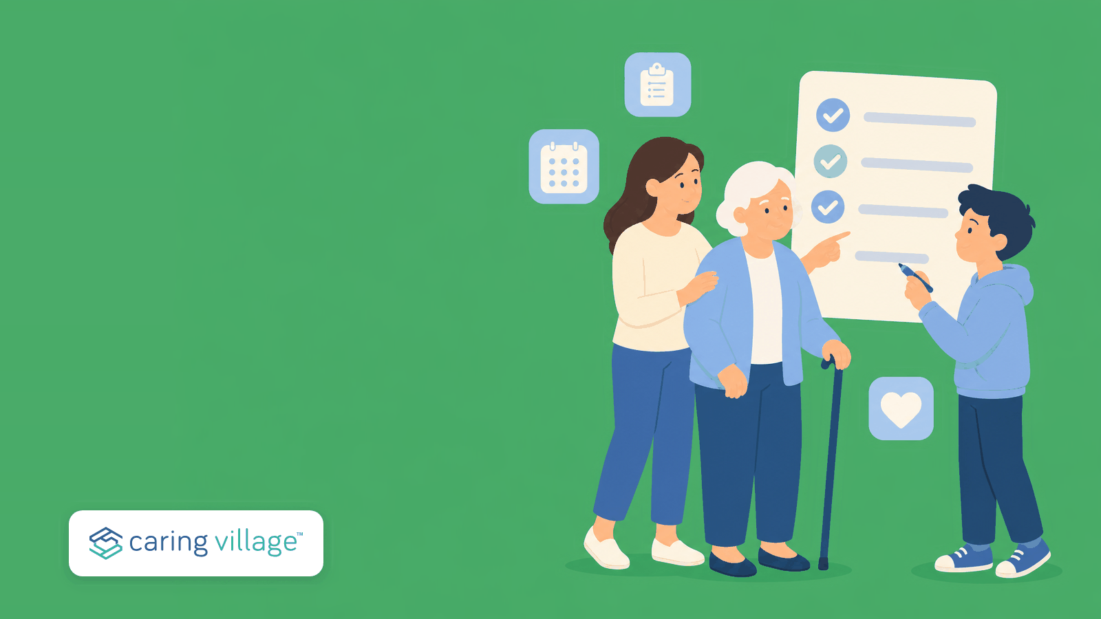 Caring Village template for a cancer patient care plan, showing contacts, appointments, medications, and who is covering rides and meals