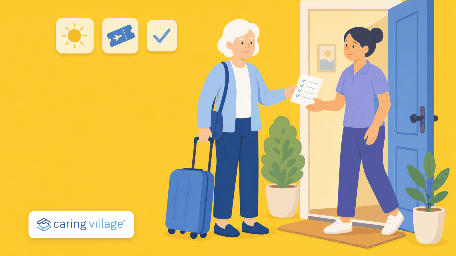 Illustration of a family caregiver leaving with a suitcase and handing a care checklist to a stand-in helper at the front door