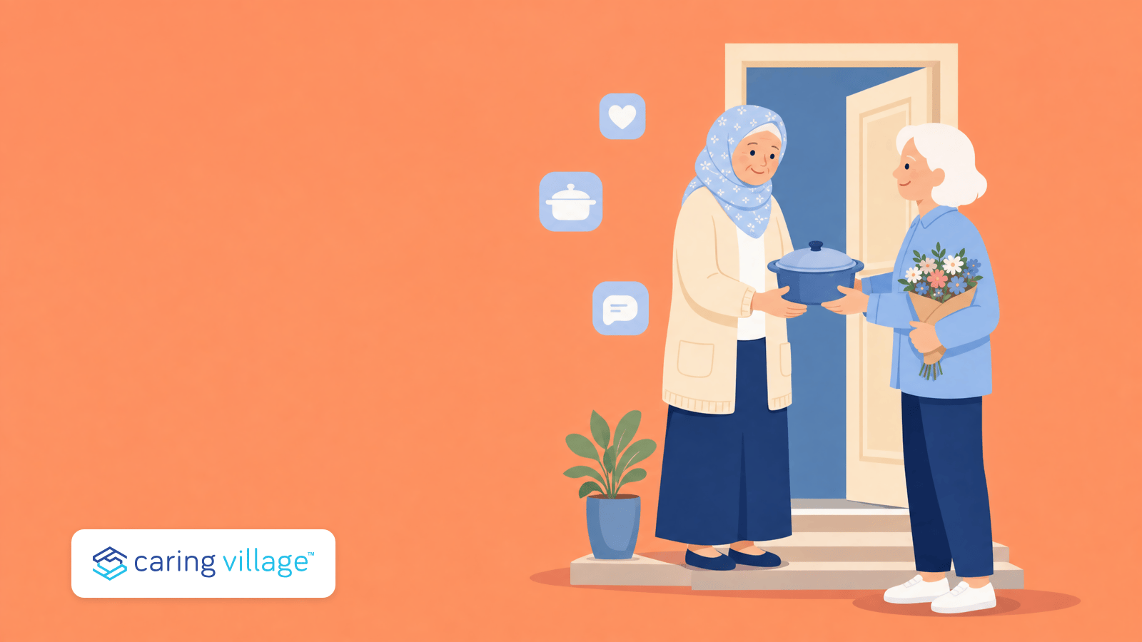 Illustration of a friend delivering a covered meal and flowers to a person standing in her front doorway, with small floating icons for a heart, a casserole dish, and a message