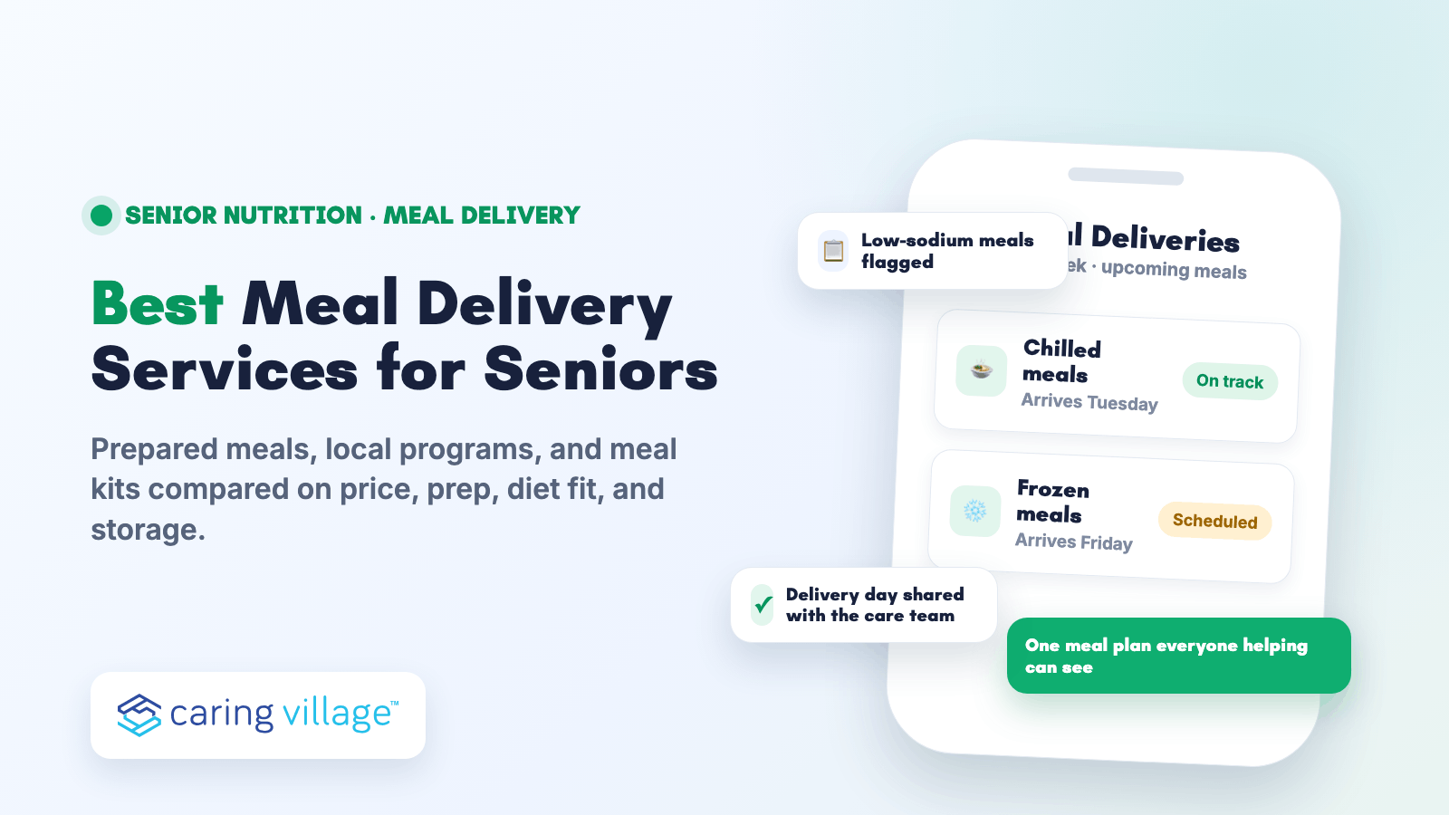Caring Village guide to the 8 best meal delivery services for seniors, covering prepared meals, local programs, and meal kits