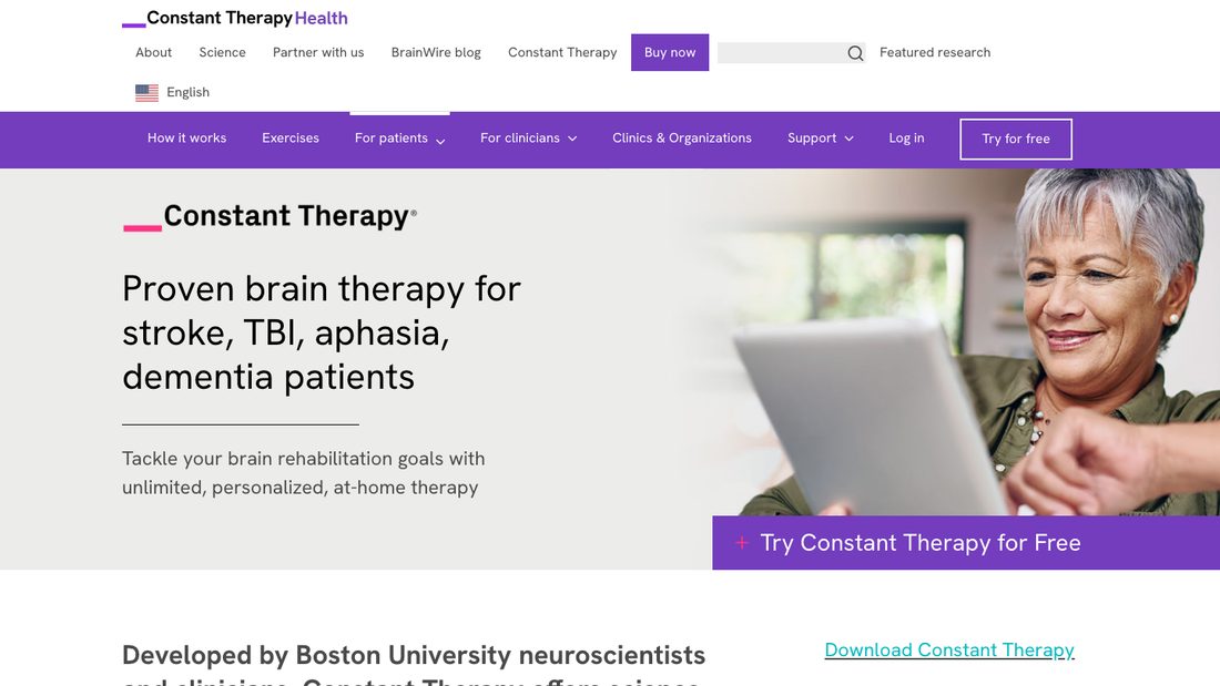 Constant Therapy patient page describing at-home speech, language, and cognitive therapy for stroke, TBI, aphasia, and dementia