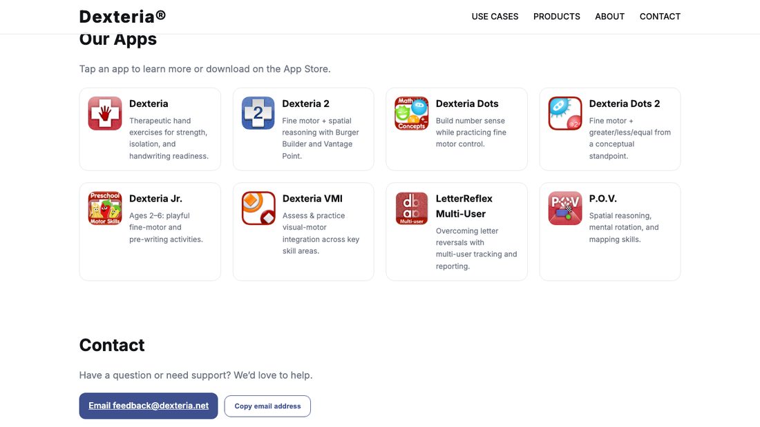 Dexteria website showing the family of fine motor skill apps including Dexteria for hand strength and coordination