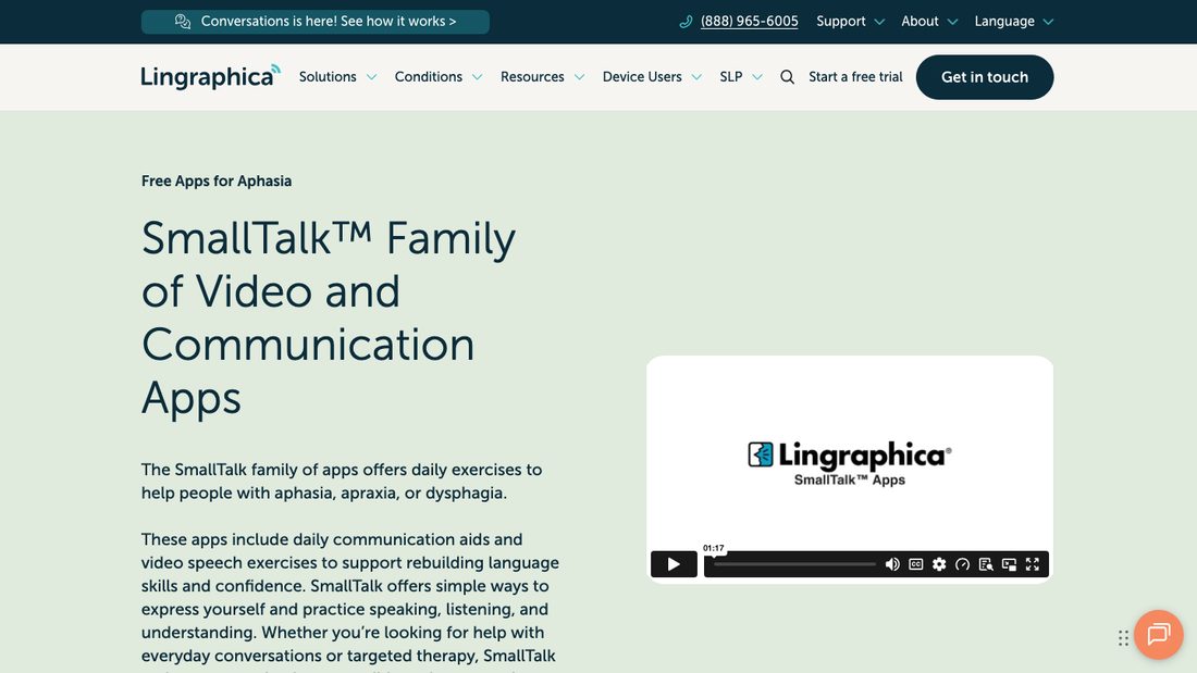 Lingraphica SmallTalk page listing its free aphasia communication and video exercise apps
