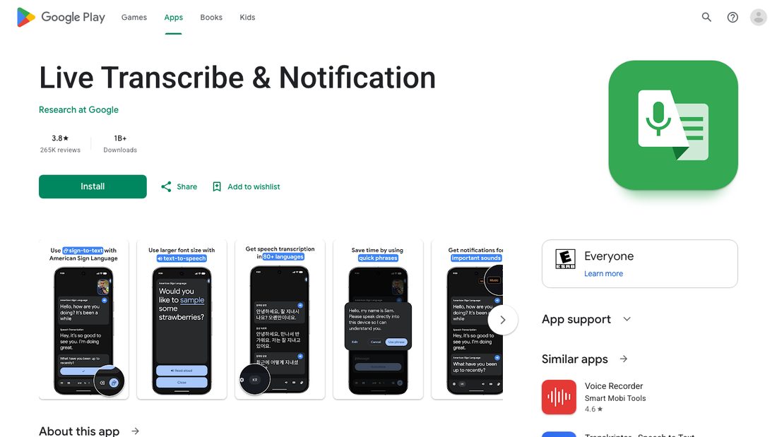 Google Play listing for Live Transcribe and Notification, showing real-time speech-to-text captions on an Android phone