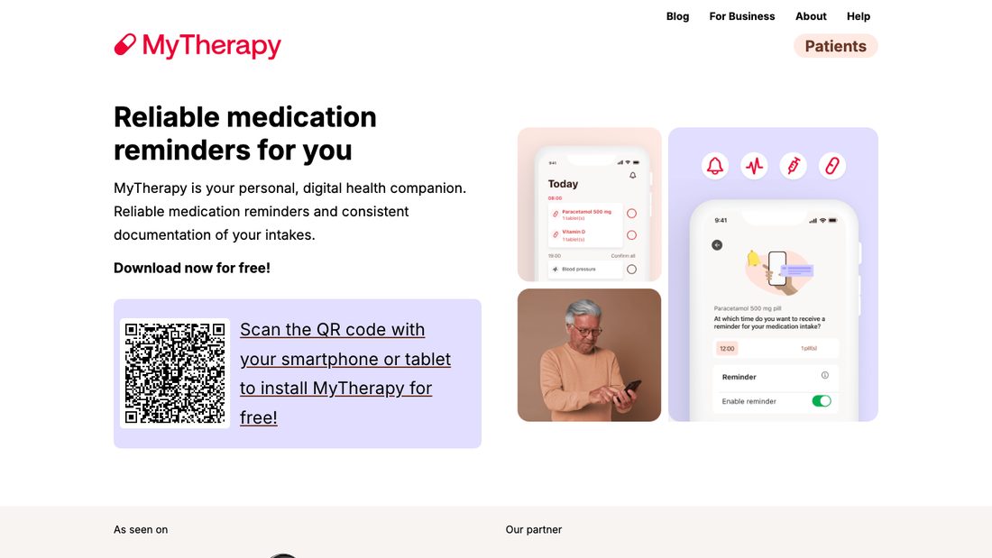 MyTherapy home page showing its medication reminder and health tracking app on a phone
