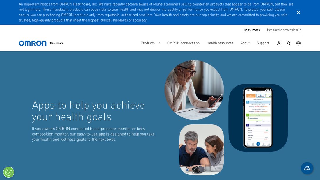 Omron Healthcare page for the OMRON connect app showing blood pressure readings syncing from a monitor to a phone