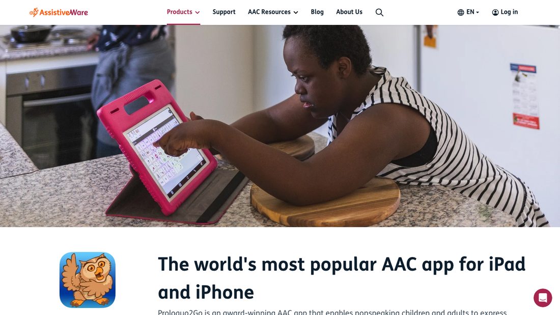 AssistiveWare Proloquo2Go product page showing the symbol-based AAC app running on an iPad