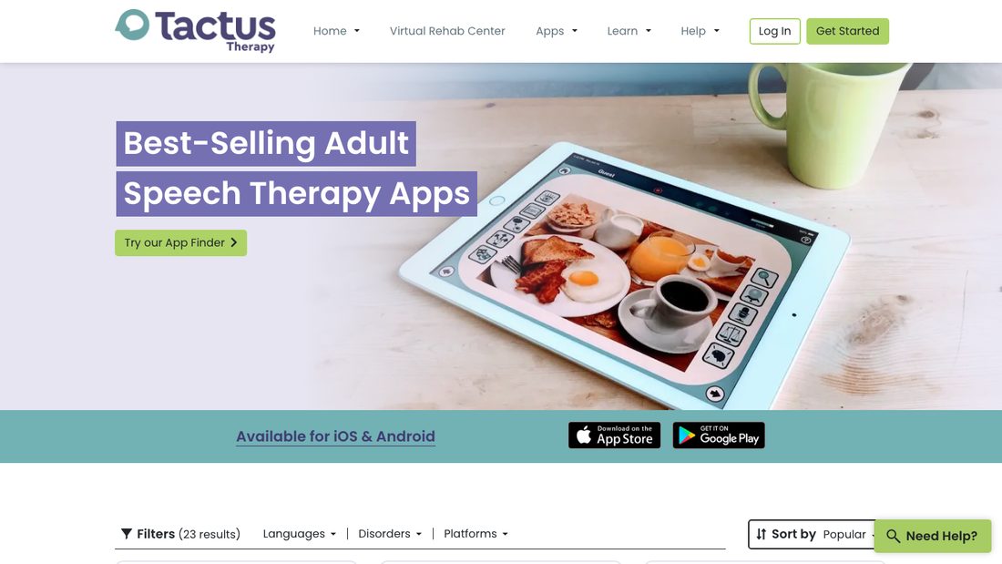 Tactus Therapy apps page showing its adult speech therapy apps for aphasia and apraxia on iPad