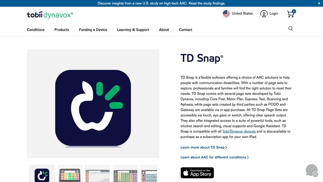 Tobii Dynavox TD Snap product page showing the AAC app and its available page sets