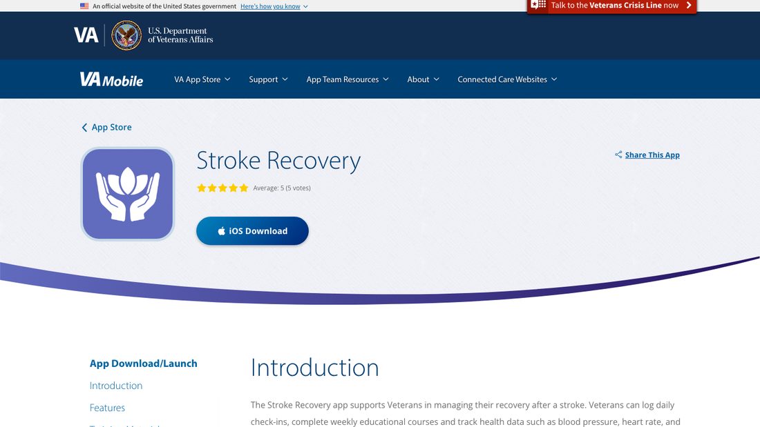 VA Mobile page for the Stroke Recovery app showing its daily check-ins, coursework, and health tracking for veterans
