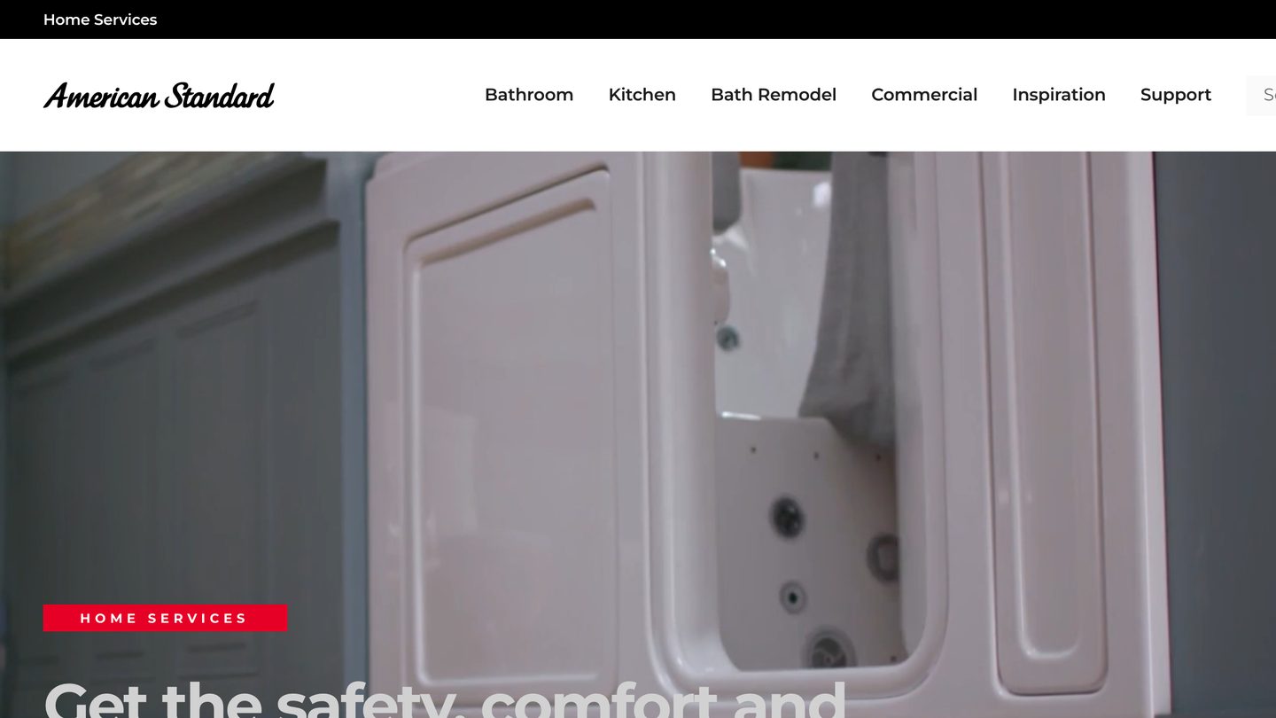 American Standard walk-in tub page showing its safety and hydrotherapy features