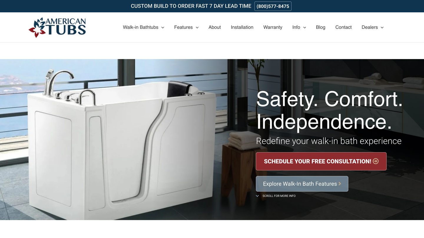 American Tubs home page showing a built-to-order walk-in bathtub with a hand shower and low step-in door
