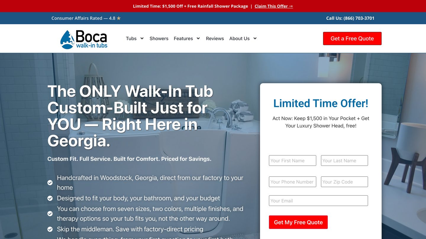 Boca Walk-In Tubs home page showing a custom-built walk-in tub installed in a bathroom