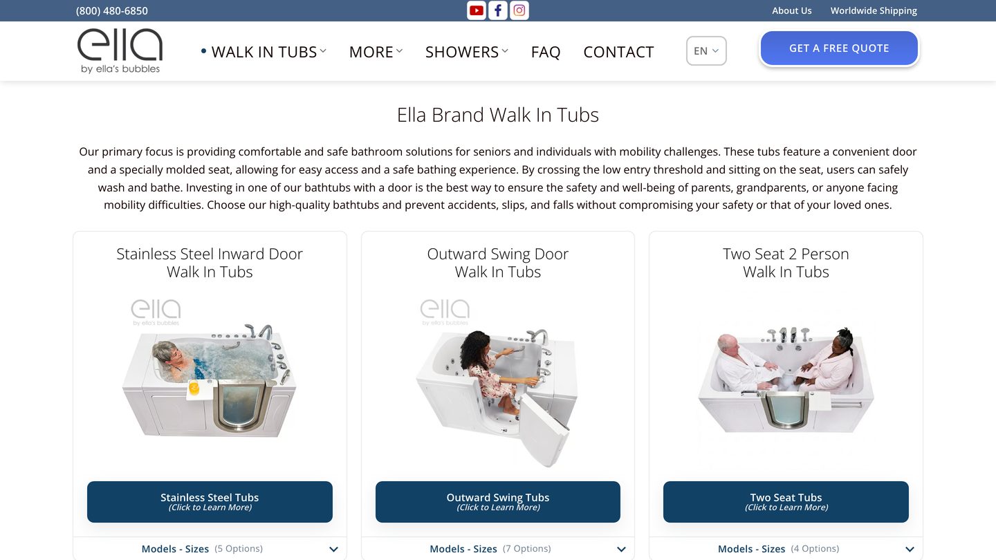 Ella's Bubbles walk-in tub range showing stainless steel inward door, outward swing door, and two-seat models