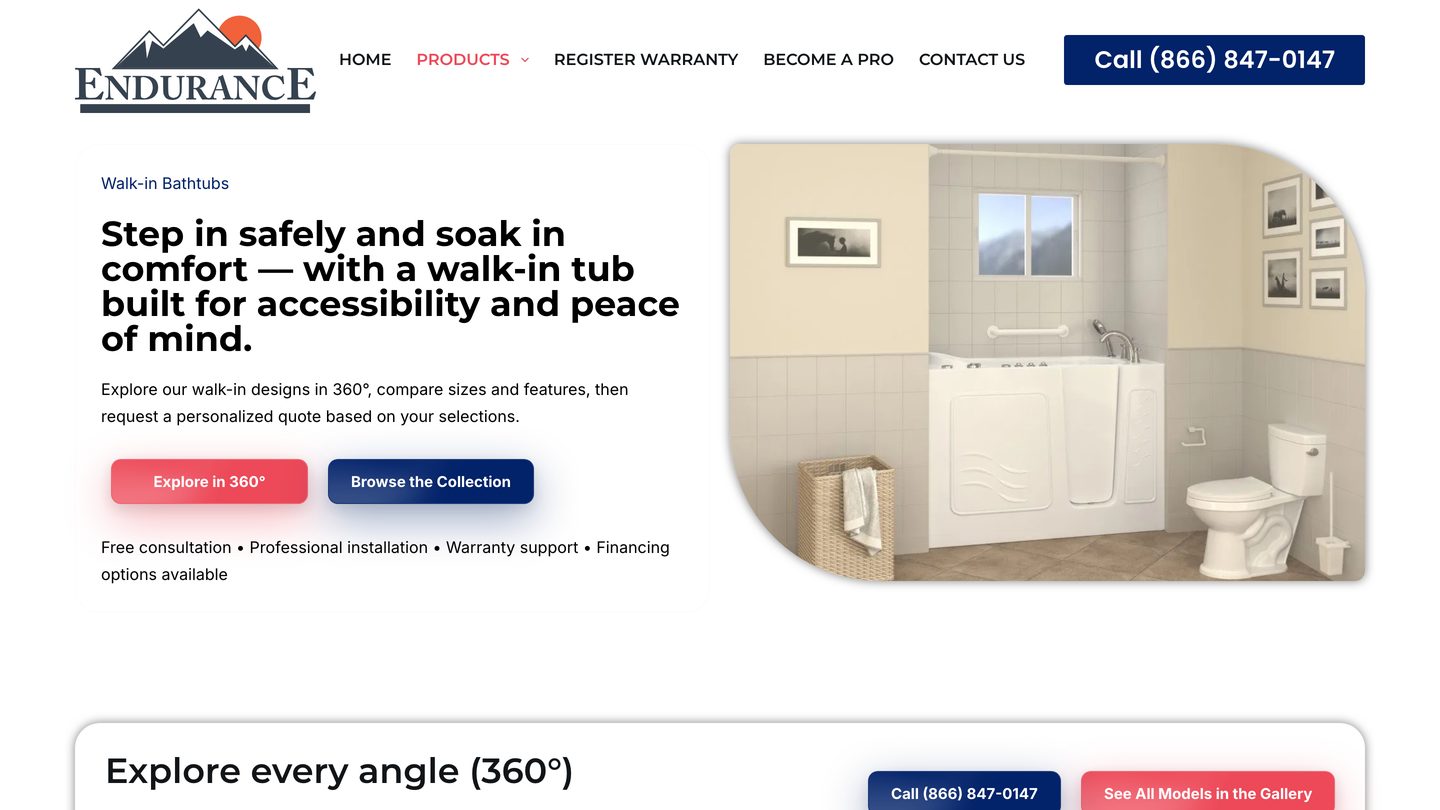 Endurance walk-in bathtubs page showing an accessible tub installed beside a toilet in a home bathroom