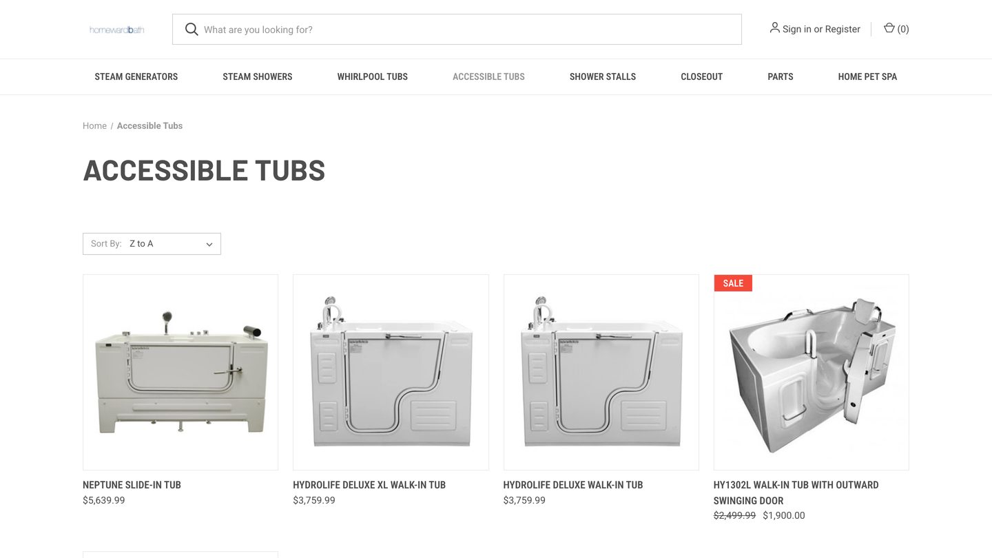 Homeward Bath accessible tubs listing showing walk-in tub models with posted prices