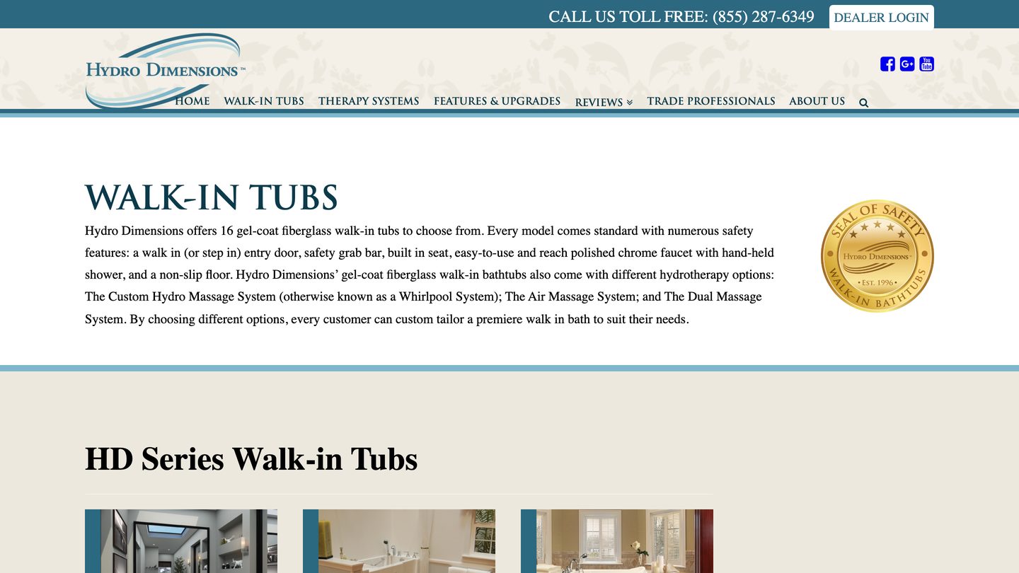 Hydro Dimensions walk-in tubs page showing its gel-coat fiberglass HD Series models