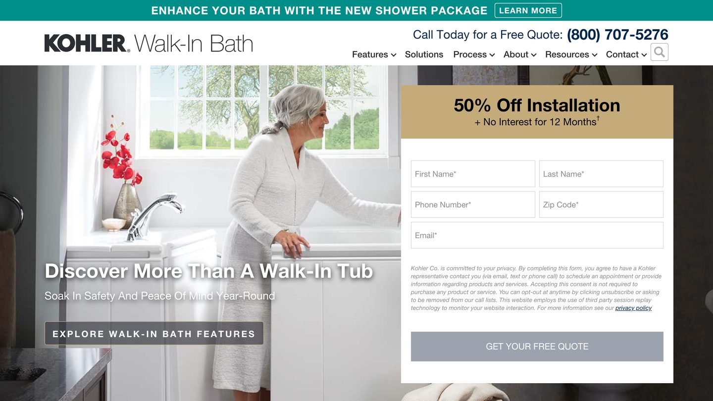 KOHLER Walk-In Bath home page showing the bath installed in a finished bathroom