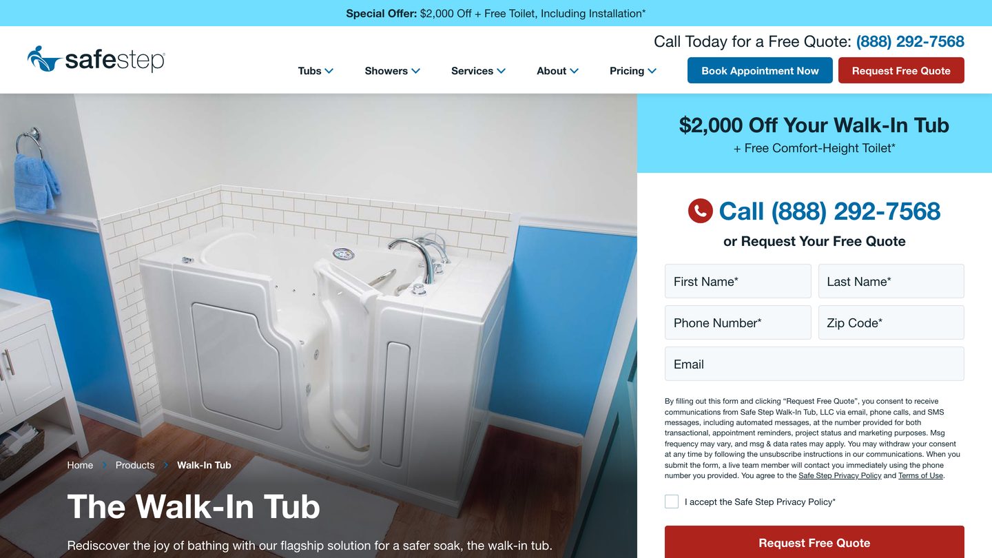 Safe Step walk-in tub product page showing the flagship tub installed in a home bathroom