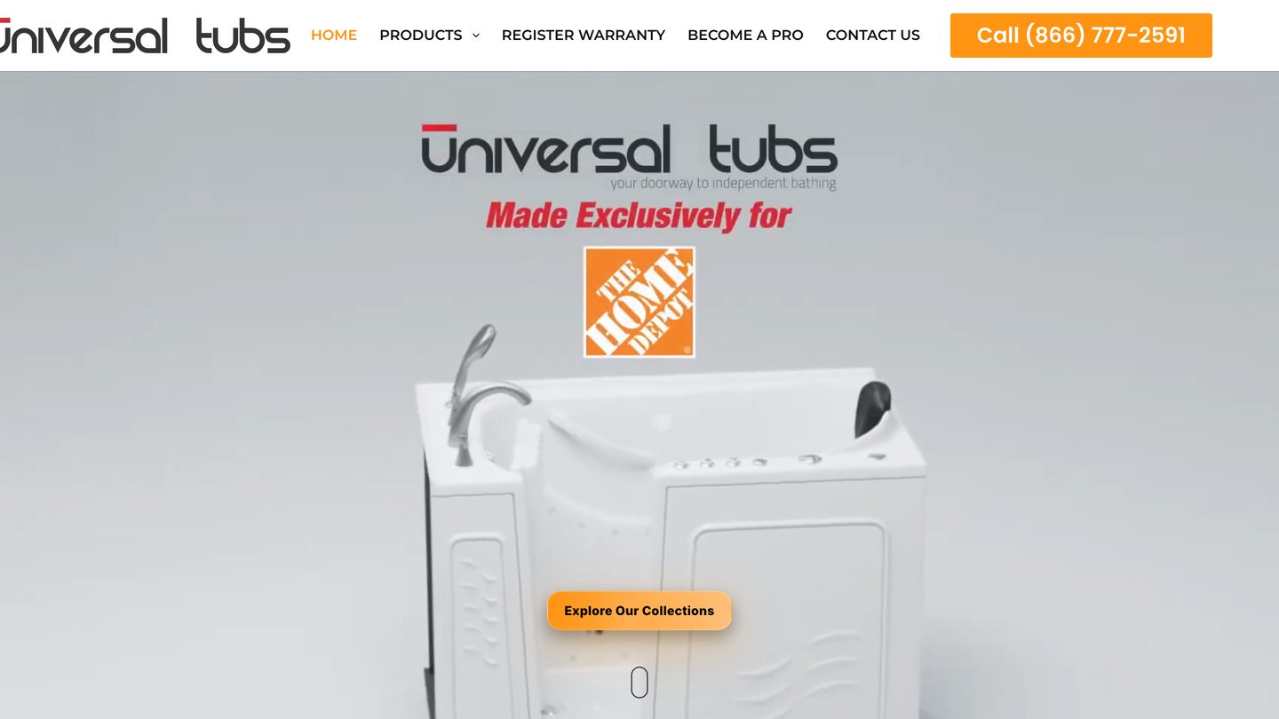 Universal Tubs home page showing walk-in tubs made exclusively for The Home Depot